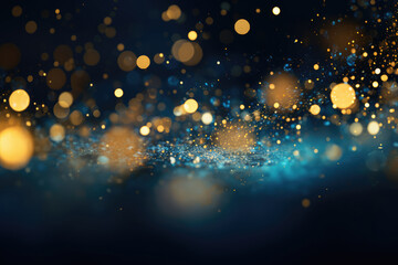 Abstract composition of bokeh lights and glitter, with a deep blue and golden color scheme suggesting a festive atmosphere.