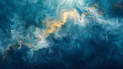 blue and gold gold abstract pattern, in the style of ethereal cloudscapes, marble, dark white and aquamarine, romantic landscape, oil on canvas, aerial view, smokey background