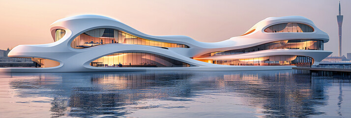 Oslos futuristic opera house at twilight, a masterpiece of modern architecture by the water,...
