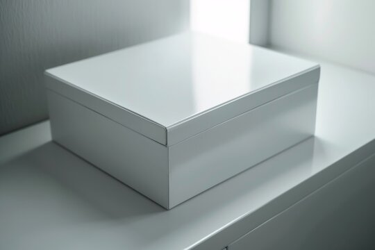 modern white box, with a glossy finish, sits on a matching surface, reflecting the ambient light