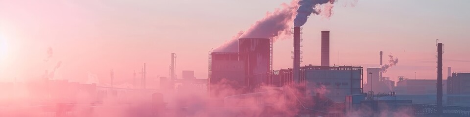 Serene image of a carbon capture facility at sunrise soft colors harmonizing with nature - obrazy, fototapety, plakaty