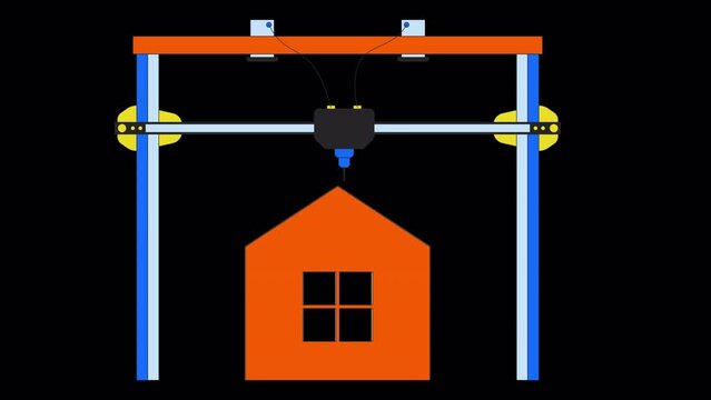 3D printing house line cartoon animation. Architecture wireframe prototype 4K video motion graphic. 3d printed home building technology 2D linear animated object isolated on transparent background