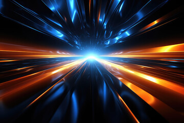 A tunnel of blue and orange streaks converging into a bright light, conveying a sense of high-speed motion through a digital realm.