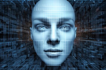 woman's face with 3D cubes and particles in space as symbol of augmented reality and computer technologies of future, close-up portrait, concept of cybernetics, biomechanics and robotics