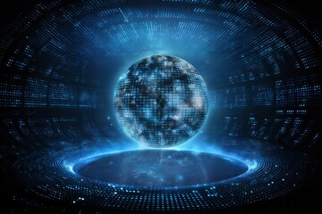 Obraz premium digital world, hologram and glow around the surface of planet Earth in space, futuristic computer technology, the concept of globalization and artificial intelligence