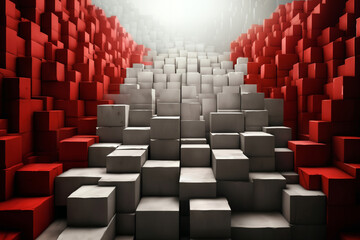 Fototapeta premium abstract space with dark mosaic background with many red and white block shapes and cubes, hi tech in the style of 3D rendering, digital art