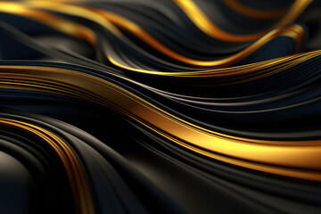 Smooth, undulating ribbons in shades of black and gold, conveying a sense of luxury and fluid elegance.