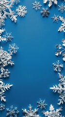 Whimsical snowflakes on blue upper right text space