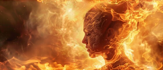 Woman face and hair burning like fire desires Illustrate the depths of human