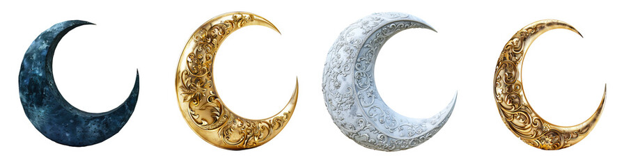 Set of decorative moon isolated on a transparent background.  Ramadan's first-day crescent concept. 