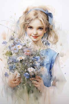Young woman  in blue dress with blond hair, holding  bouquet blue  flowers,  portrait, white background, art, watercolor painting, wildflowers bouquet 