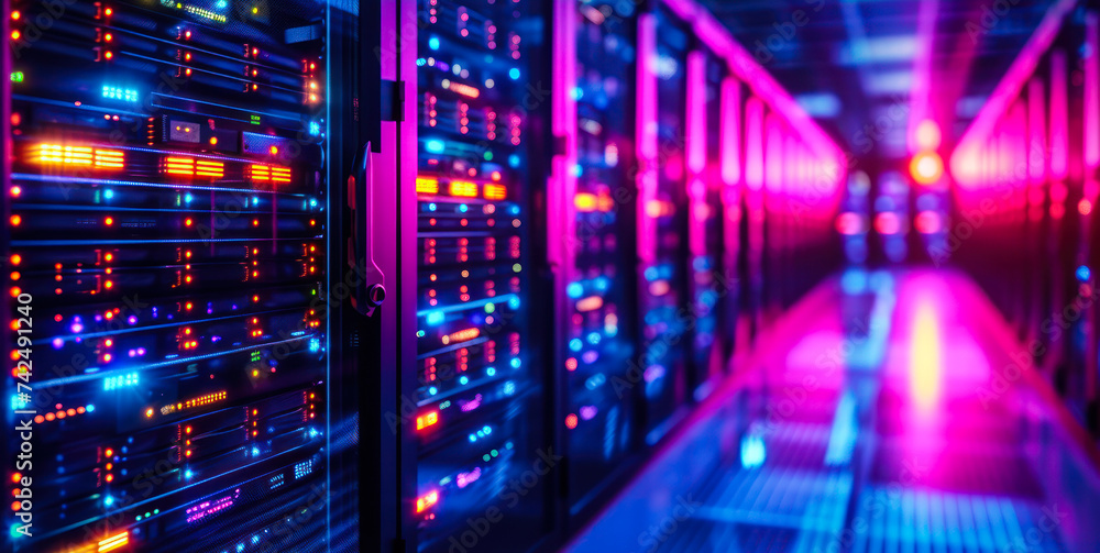 Poster high-tech data center server racks with glowing led lights, symbolizing network infrastructure, clou