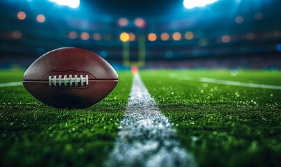 American football on a lush green field under stadium lights, capturing the anticipation and excitement of a night game in professional sports