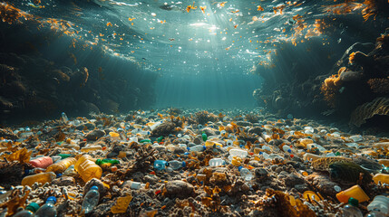 A pile of plastic bottles is polluting the underwater landscape of the ocean - obrazy, fototapety, plakaty
