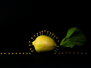 Lemon surrounded by yellow pins and a leaf against a black background