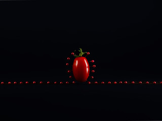 A plum tomato surrounded by red pins against a black background