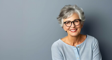 Mujer mayor sonriente con gafas fondo gris azul