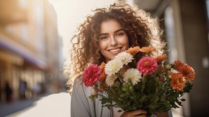 Happy woman with flower bouquet in front of building
