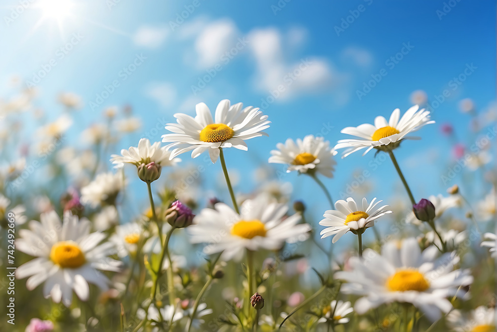 Wall mural A field full of white daisies under a blue sky