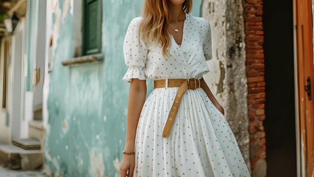 A white midi skirt with a playful polkadot pattern and a statement belt is perfect for a day of shopping and sightseeing in a charming small town.