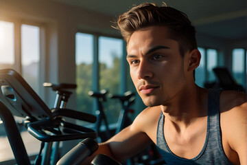 A young man engaged in early morning cardio, cycling on an exercise bike as sunlight streams in through the windows