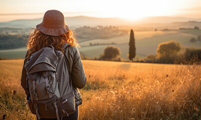 Tuscan Serenity: Against the Backdrop of a Tuscan Sunset, a Woman Tourist Walking at the Lush Fields, Captivated by Tuscany's Timeless Splendor.	
