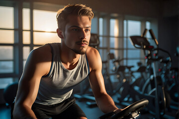 A young man engaged in early morning cardio, cycling on an exercise bike as sunlight streams in through the windows