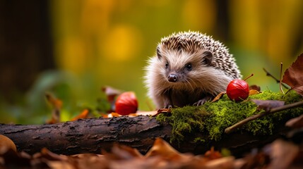 Hedgehog, wild, native, European hedgehog with red Fly Agaric toadstool, and green moss.  Facing forward.  Autumn or fall. Close up. Horizontal.  Space for copy
