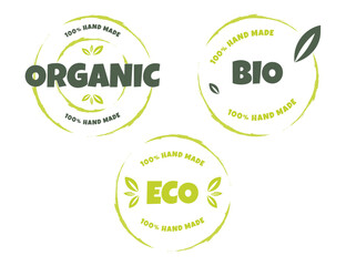 Eco, bio, organic and natural products sticker, label, badge and logo. Ecology icon. Logo template with green leaves for organic and eco friendly products. Vector illustration