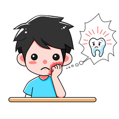 vector illustration of a boy having a toothache in a cartoon, minimalist and flat style isolated on white