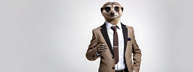 Fototapeta premium Portrait of a meerkat in a business suit on a plain background, working in a corporate office with copy space, business concept