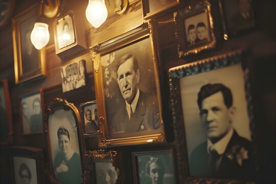 A family lineage display with generations remembered through portraits and photos. Concept Family History, Generational Photos, Ancestral Portraits, Heritage Display, Multigenerational Memories