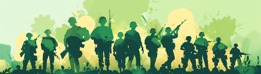Design an illustration that showcases the various roles and responsibilities within an army highlighting the importance of synergy and coordination - obrazy, fototapety, plakaty