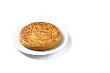 Traditional spanish omelette isolated on white background. Copy space