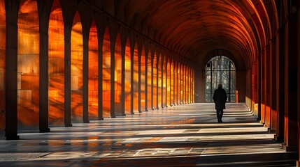 Walking Down an Orange Hallway with Architectural Grids