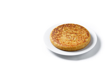 Traditional spanish omelette isolated on white background. Copy space