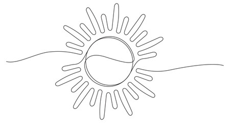 Sun continuous one line art outline. Sunshine contour line. Vector illustration isolated on transparent. editable stroke.