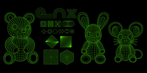 Acid Sticker Pack. Y2k grid wireframe neon bear, bunny, mouse with geometry shapes. Y2k retro futuristic aesthetic. Brutalist shapes for swiss minimal style design. 