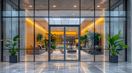 Modern Lobby with Glass Door and Contemporary Design
