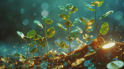 Fototapeta na wymiar Imagine a captivating 3D animation where plants and coins come to life depicting the theme of growth As a skilled animator create a mesmerizing visual journey that explores the connection between