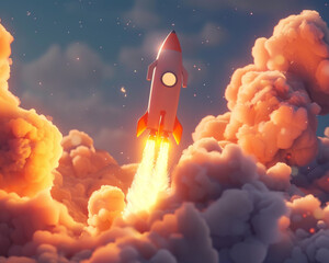 Leverage your expertise as a 3D animator to create a visually captivating scene of a rocket navigating its way through a captivating cloud filled atmosphere Design a