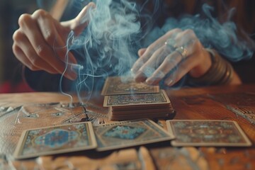 Close-up shot of a woman's hands laying out tarot cards on a vintage wooden table with incense smoke swirling around