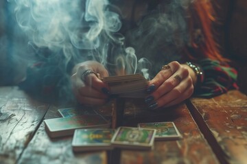 Close-up shot of a woman's hands laying out tarot cards on a vintage wooden table with incense smoke swirling around