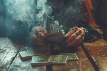 Fotobehang Close-up shot of a woman's hands laying out tarot cards on a vintage wooden table with incense smoke swirling around © Oleg Kozlovskiy