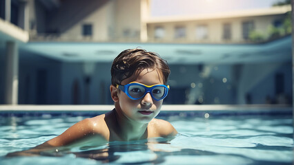 A boy in a swimming pool wearing goggles