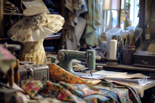 A detailed shot of a female fashion designer's workstation, with her sewing machine humming softly in the background as she works, photo