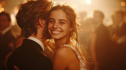 A Joyful Moment: A Happy Young Couple Hugging and Celebrating at a Wedding