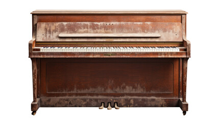 A very old brown piano, vintage isolated on transparent and white background.PNG image 