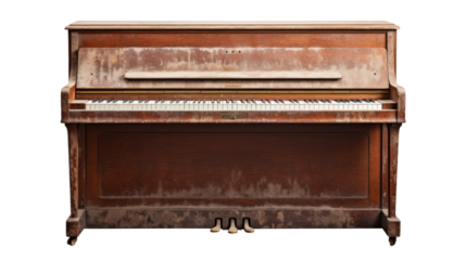 A very old brown piano, vintage isolated on transparent and white background.PNG image 