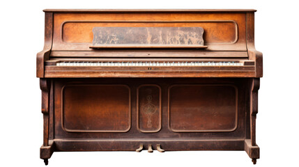 A very old brown piano, vintage isolated on transparent and white background.PNG image 